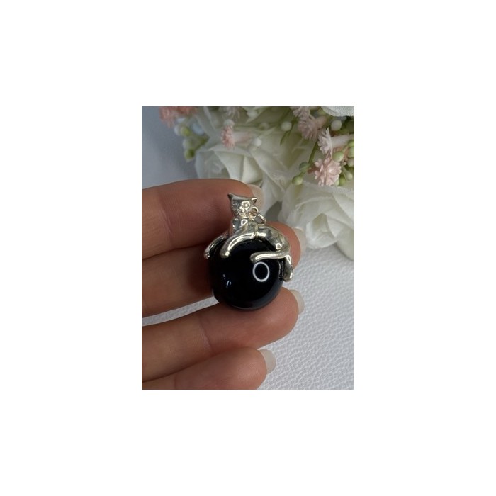 925 Sterling Silver Onyx Cat Pendant Length 1.20 Inch