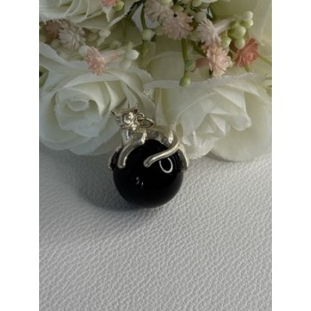 925 Sterling Silver Onyx Cat Pendant Length 1.20 Inch