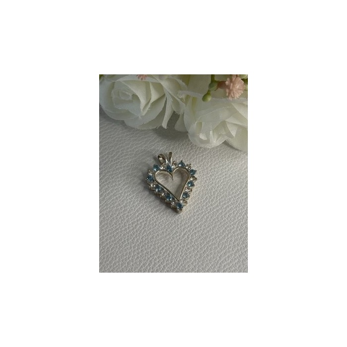 925 Sterling Silver Blue & White Topaz Heart Pendant Length 1 Inch