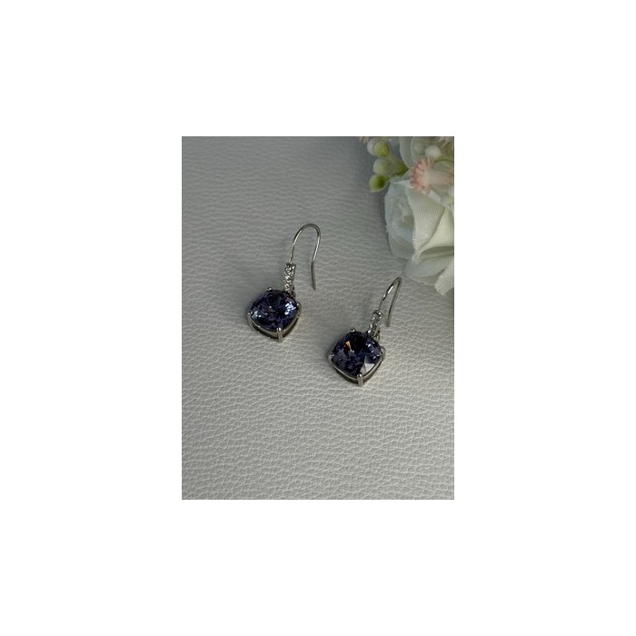 925 Sterling Silver Amethyst & CZ Earrings Length 1.10 Inch