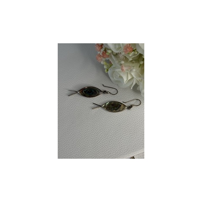 925 Sterling Silver Abalone Fish Earrings Length 2 Inch