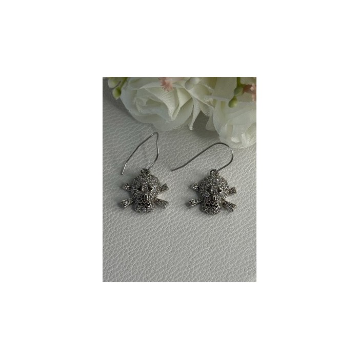 925 Sterling Silver Skull CZ Earrings Length 1.10 Inch