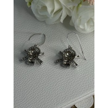 925 Sterling Silver Skull CZ Earrings Length 1.10 Inch