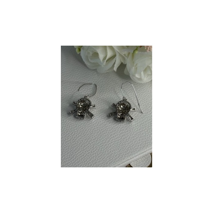 925 Sterling Silver Skull CZ Earrings Length 1.10 Inch