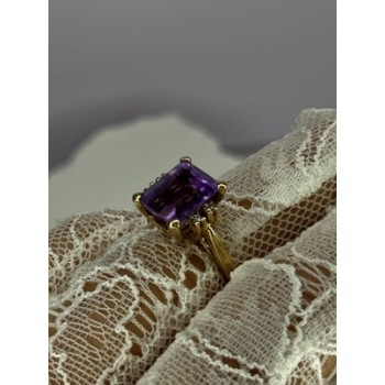 10K YELLOW GOLD AMETHYST & DIAMONDS RING SIZE 6.5