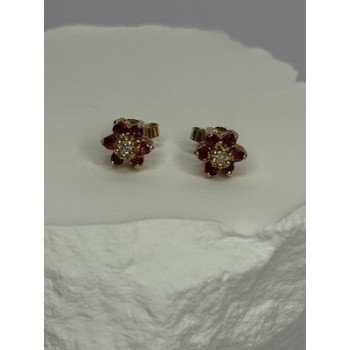 14K YELLOW GOLD RUBY & DIAMONDS FLOWER EARRINGS LENGTH 0.25 INCH