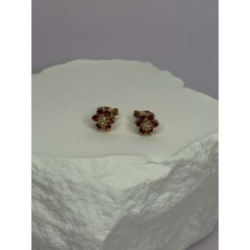 14K YELLOW GOLD RUBY & DIAMONDS FLOWER EARRINGS LENGTH 0.25 INCH