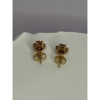 14K YELLOW GOLD RUBY & DIAMONDS FLOWER EARRINGS LENGTH 0.25 INCH
