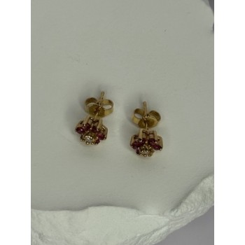 14K YELLOW GOLD RUBY & DIAMONDS FLOWER EARRINGS LENGTH 0.25 INCH