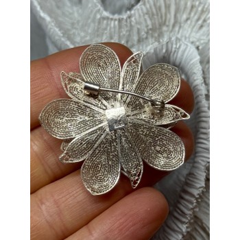 925 Sterling Silver Flower Brooch Length 1.8 Inch