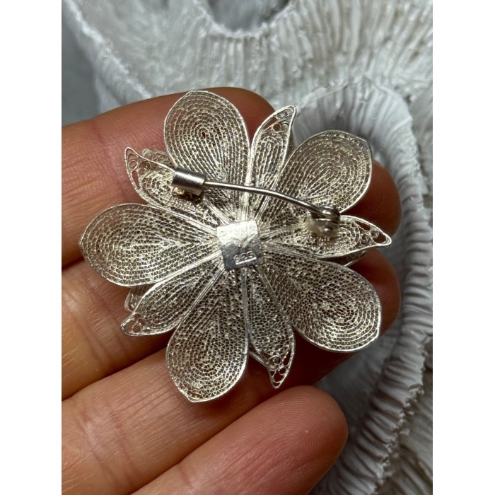 925 Sterling Silver Flower Brooch Length 1.8 Inch