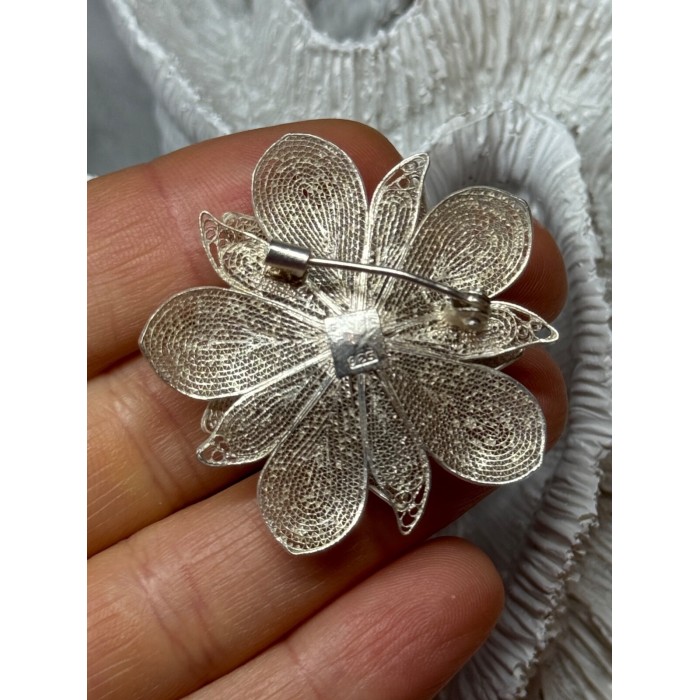 925 Sterling Silver Flower Brooch Length 1.8 Inch