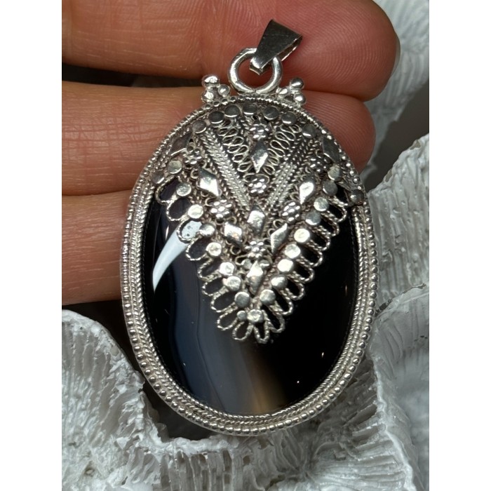 Vintage 925 Sterling Silver Agate Pendant Length 2.3 Inch