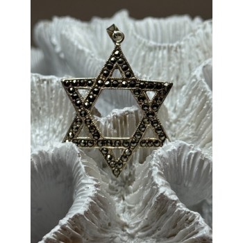 925 Sterling Silver Marcasite Star Of David Pendant Length 1.8 Inch