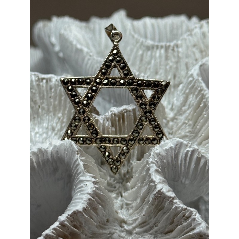 925 Sterling Silver Marcasite Star Of David Pendant Length 1.8 Inch