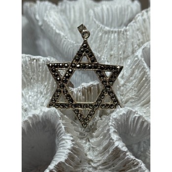 925 Sterling Silver Marcasite Star Of David Pendant Length 1.8 Inch