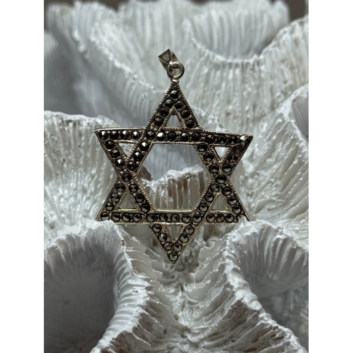 925 Sterling Silver Marcasite Star Of David Pendant Length 1.8 Inch