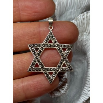 925 Sterling Silver Marcasite Star Of David Pendant Length 1.8 Inch