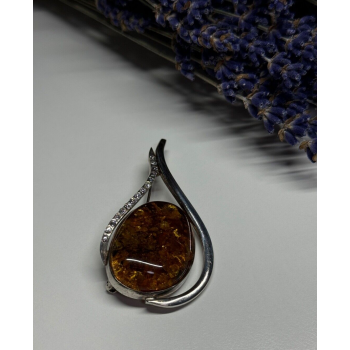 925 Sterling Silver Amber & CZ Brooch