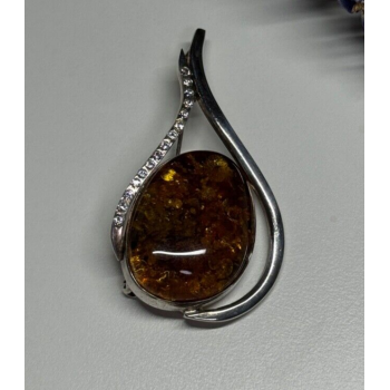 925 Sterling Silver Amber & CZ Brooch