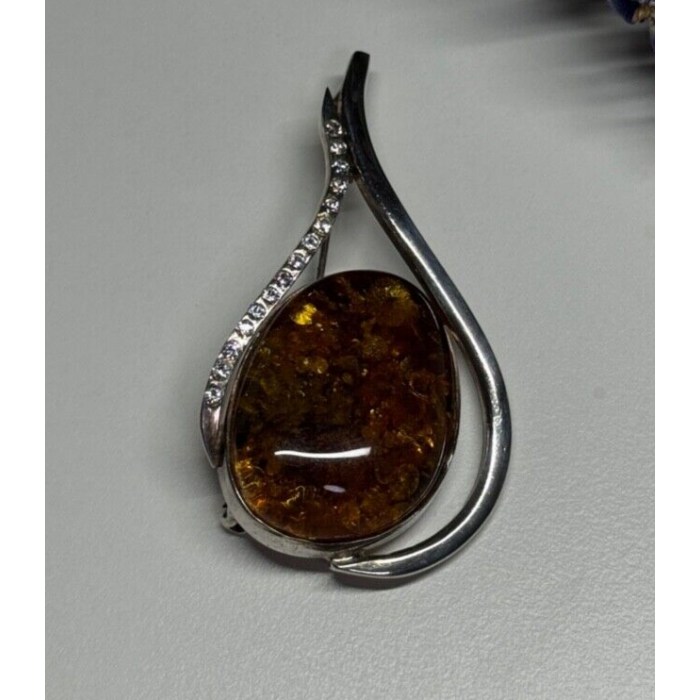 925 Sterling Silver Amber & CZ Brooch
