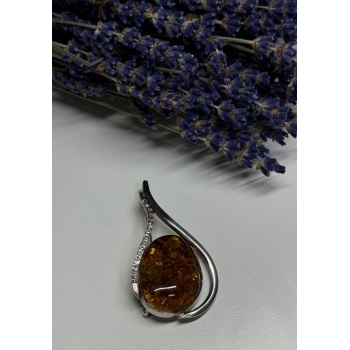 925 Sterling Silver Amber & CZ Brooch