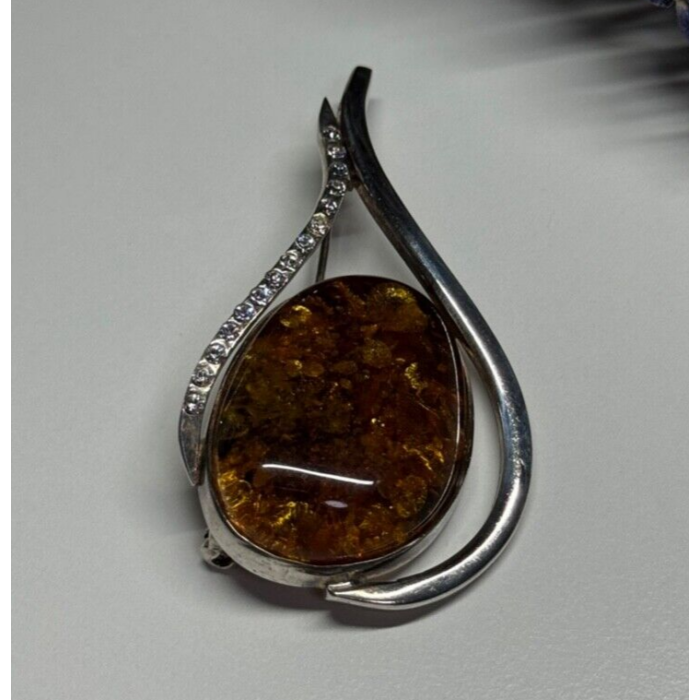 925 Sterling Silver Amber & CZ Brooch