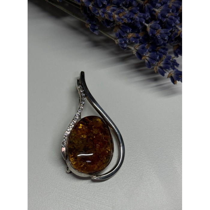 925 Sterling Silver Amber & CZ Brooch
