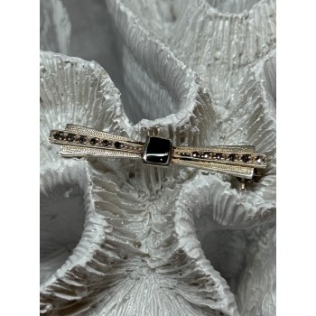 925 Sterling Silver Onyx & Marcasite Brooch Length 1.8 Inch