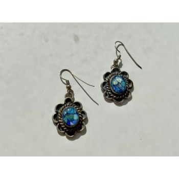 Vintage 925 Sterling Silver Mosaic Opal Earrings
