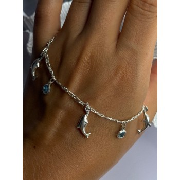 925 Sterling Silver Dolphin Blue Topaz Bracelet Length 7.5