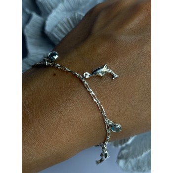 925 Sterling Silver Dolphin Blue Topaz Bracelet Length 7.5