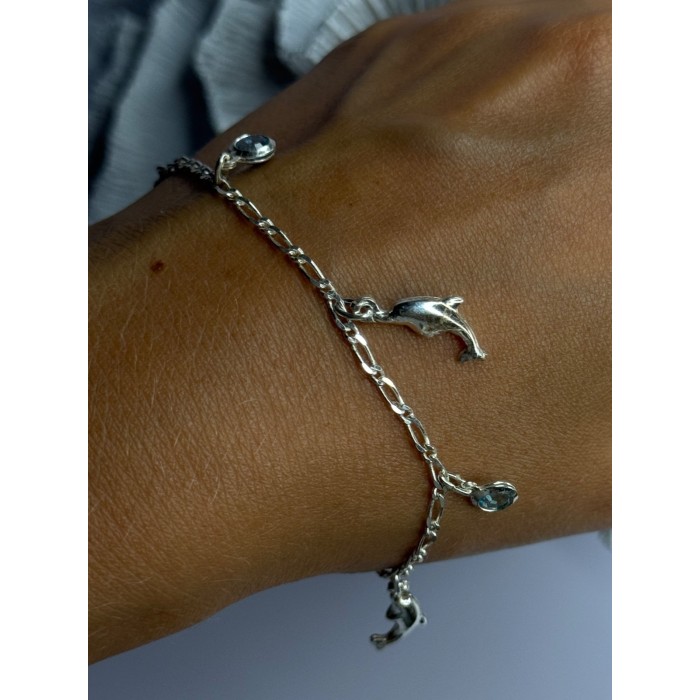 925 Sterling Silver Dolphin Blue Topaz Bracelet Length 7.5