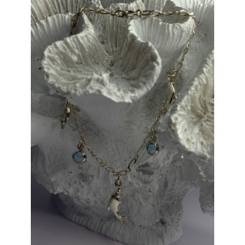 925 Sterling Silver Dolphin Blue Topaz Bracelet Length 7.5