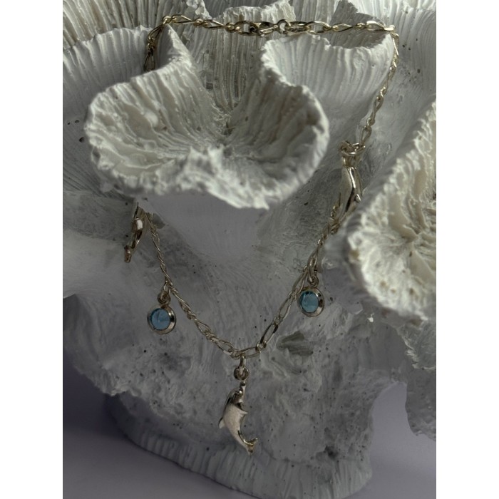 925 Sterling Silver Dolphin Blue Topaz Bracelet Length 7.5