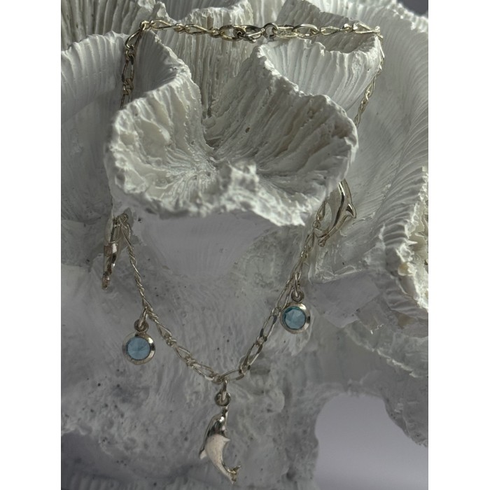 925 Sterling Silver Dolphin Blue Topaz Bracelet Length 7.5