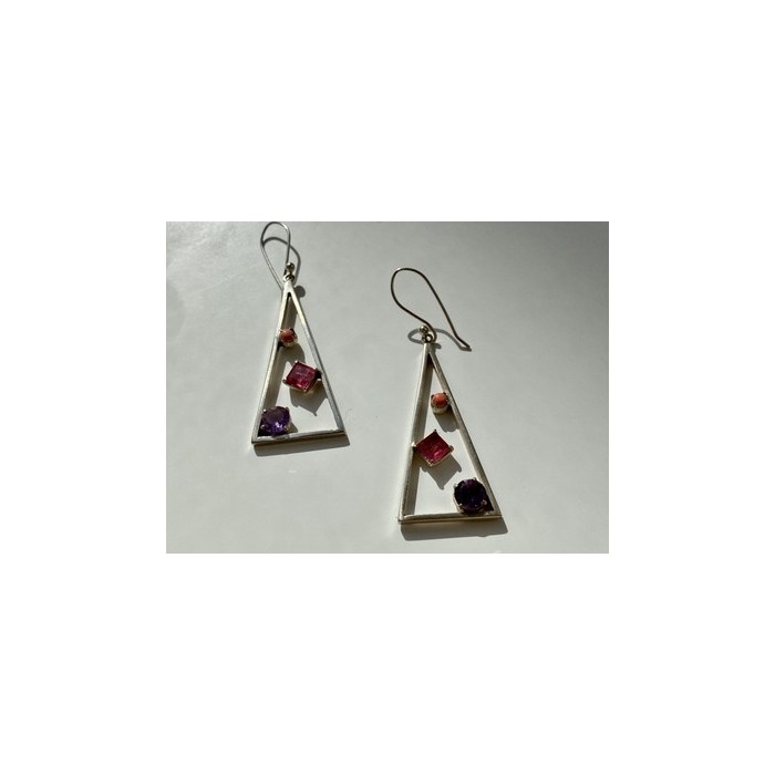 925 Sterling Silver Morganite, Iolite & Agate Earrings