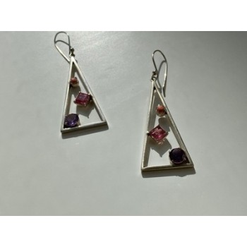 925 Sterling Silver Morganite, Iolite & Agate Earrings