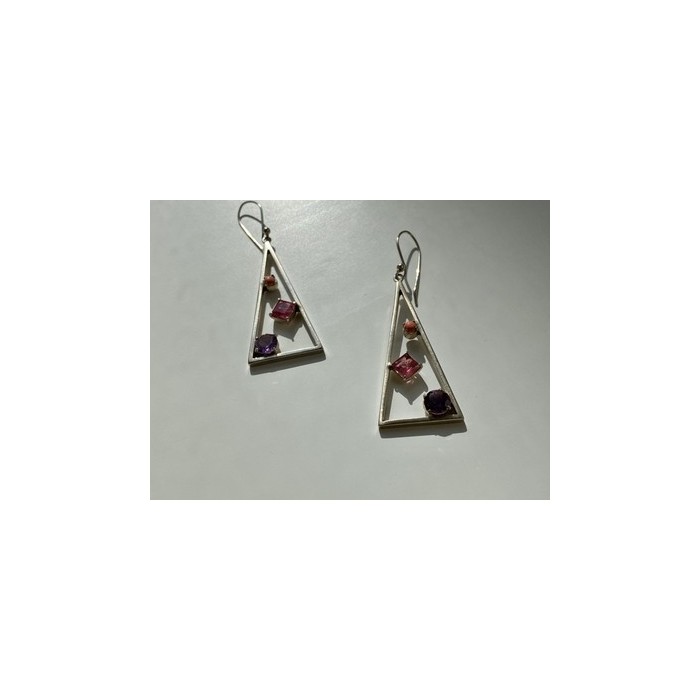 925 Sterling Silver Morganite, Iolite & Agate Earrings