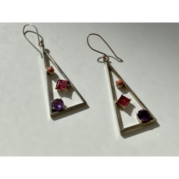 925 Sterling Silver Morganite, Iolite & Agate Earrings