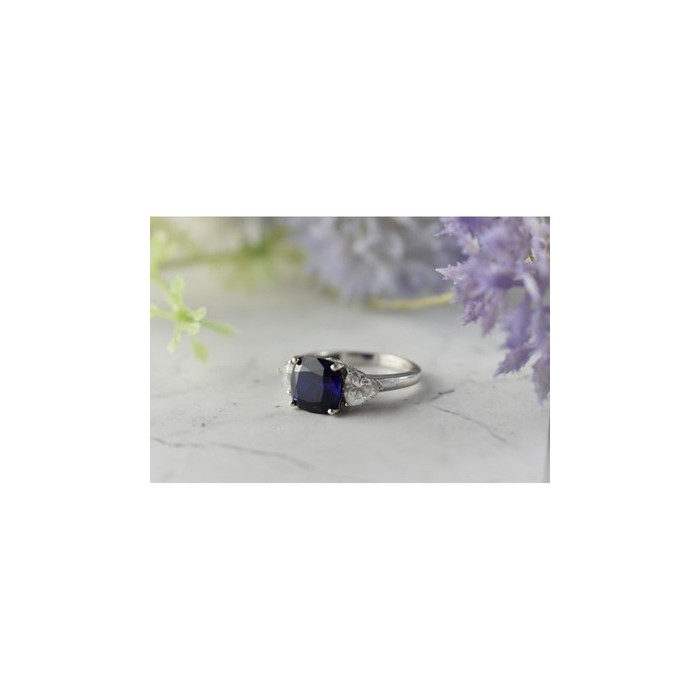 925 Sterling Silver Sapphire & CZ Ring Size 6.5