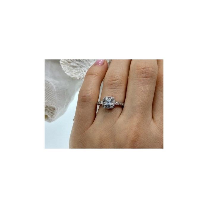 925 Sterling Silver Aquamarine & CZ Ring Size 6.5