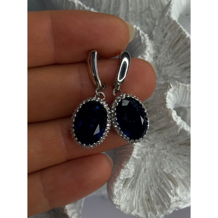 Elegant 925 Sterling Silver Sapphire Earrings Length 1.20 Inch