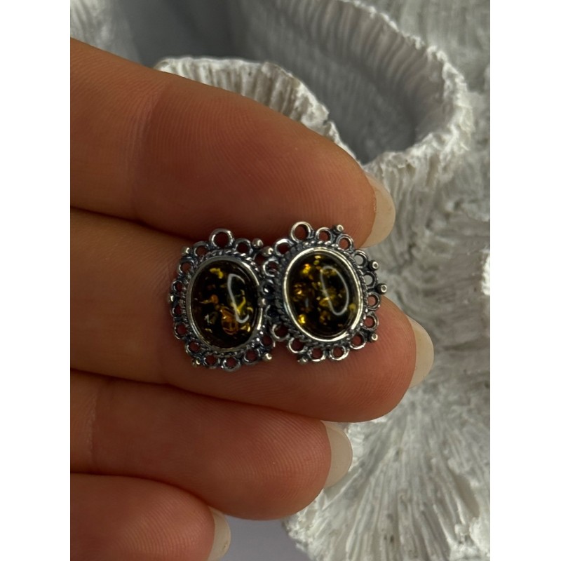 Vintage 925 Sterling Silver Amber Earrings Length 0.60 Inch