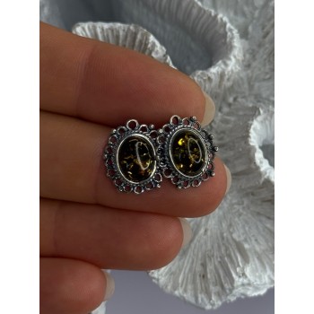 Vintage 925 Sterling Silver Amber Earrings Length 0.60 Inch