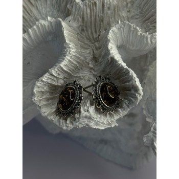 Vintage 925 Sterling Silver Amber Earrings Length 0.60 Inch