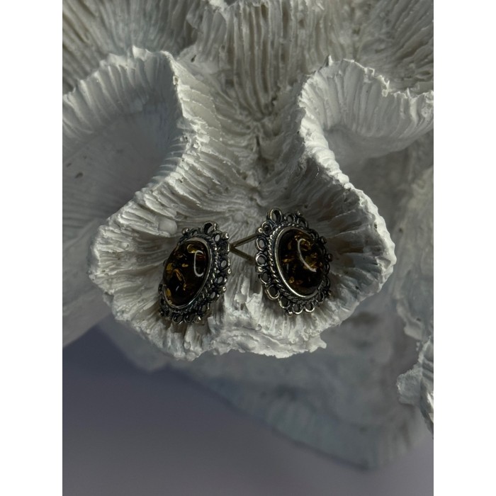 Vintage 925 Sterling Silver Amber Earrings Length 0.60 Inch