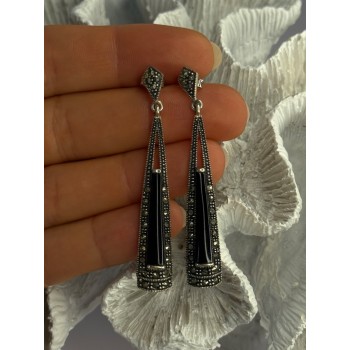 Elegant 925 Sterling Silver Onyx & Marcasite Earrings Length 2.30 Inch