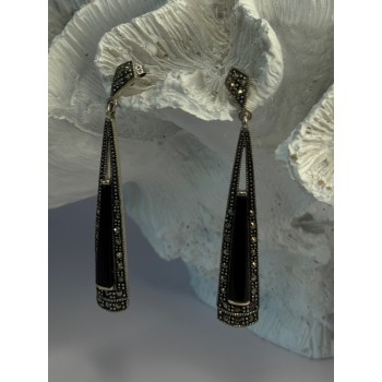 Elegant 925 Sterling Silver Onyx & Marcasite Earrings Length 2.30 Inch