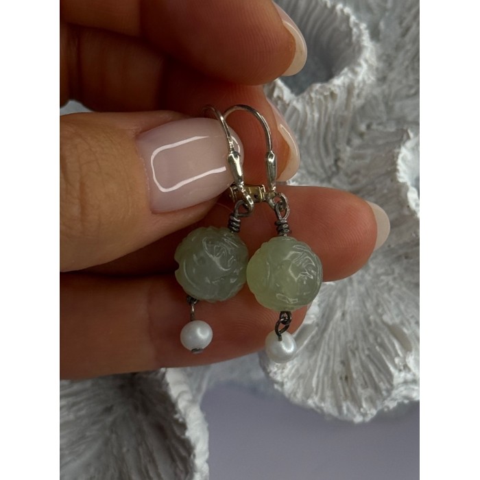 925 Sterling Silver Jade & Pearl Earrings Length 1.40 Inch